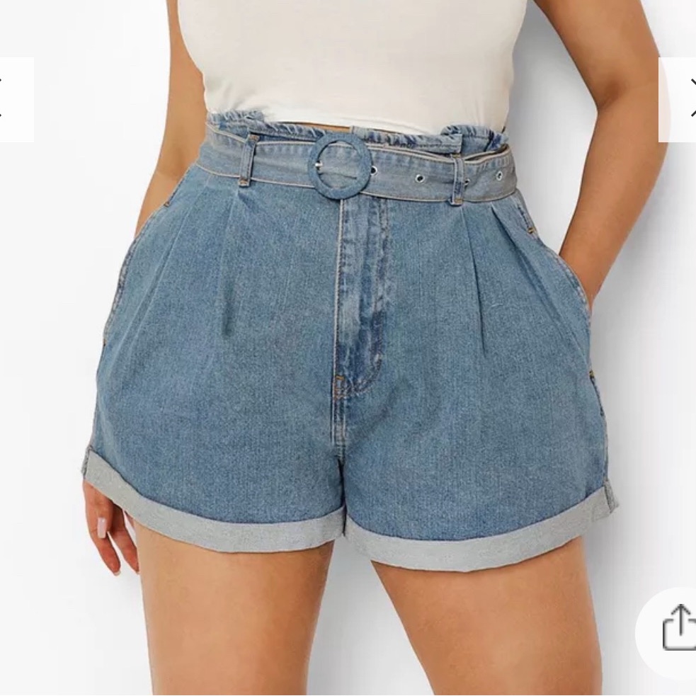 Plus Belted Paperbag Denim Shorts Colour: Mid Blue